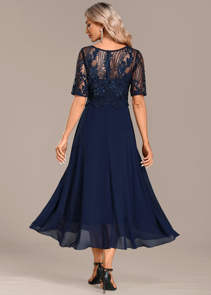 Navy lace short sleeve midi dress for women | Sophie