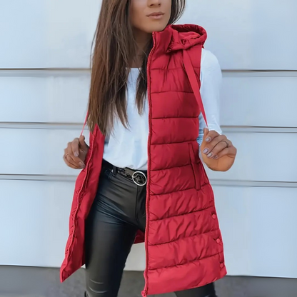 Casual sleeveless hooded long puffer vest for women | Rain -5