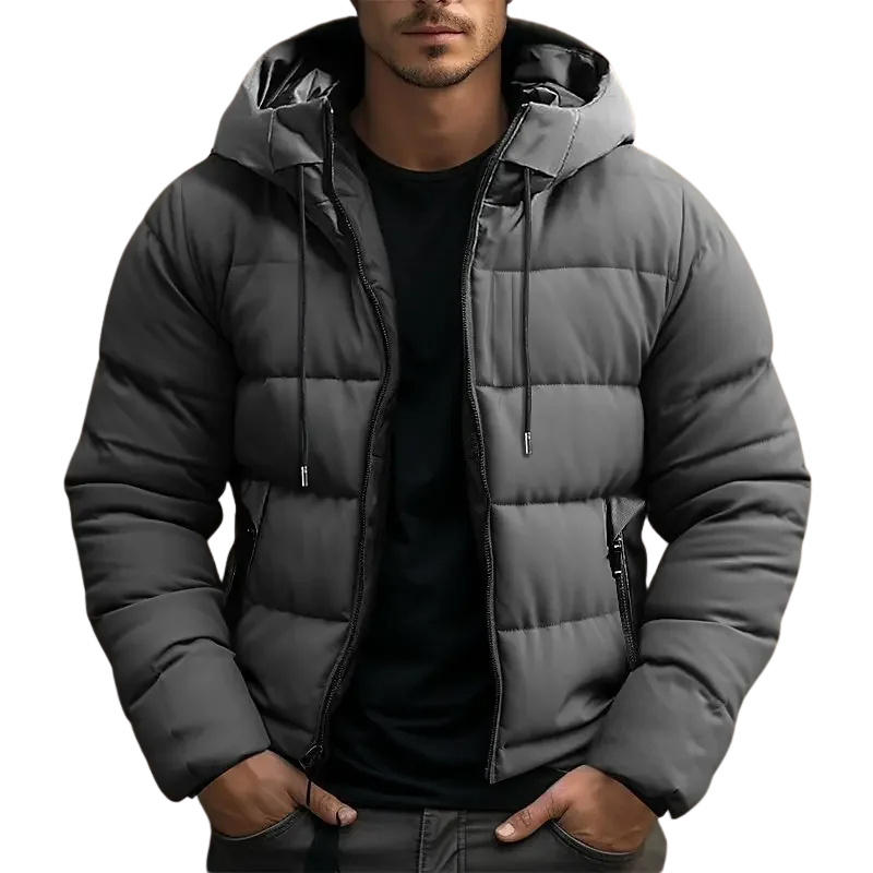 Hooded puffer jacket with zipper pockets for men -2