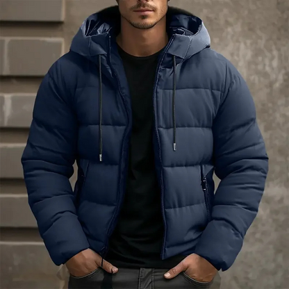Hooded puffer jacket with zipper pockets for men -6