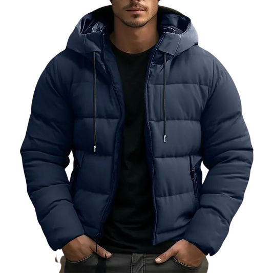 Hooded puffer jacket with zipper pockets for men -1