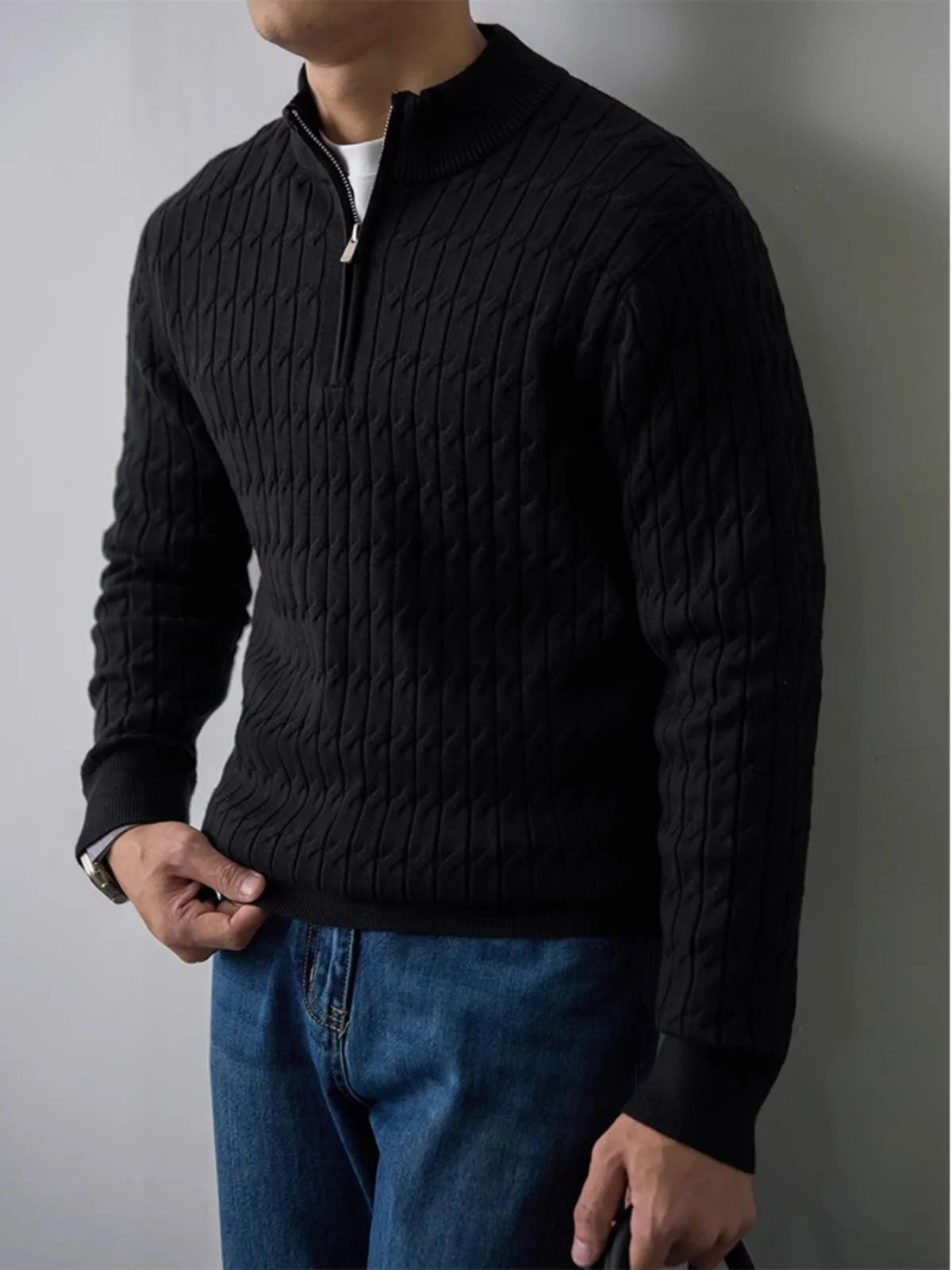 Classic cable-knit half-zip everyday jumper for men | Ellison -3